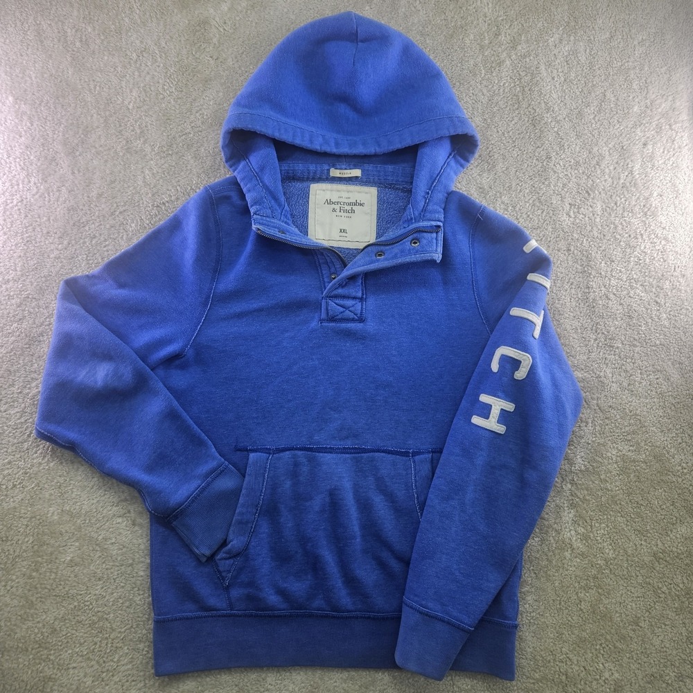 Abercrombie & Fitch Hoodie Mens XXL Blue Muscle Y2K Spellout Sleeve Pullover
